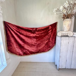 Velvet curtain 72x43 antique French silk cotton adobe red with gold fringe trim backed textile wall hanging decor vintage curtain panel