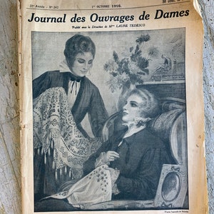 Revista francesa antiga Art Nouveau para mulheres &quot;Journal de Ouvrages de Dames&quot;, bordados e artes femininas para o lar, outubro de 1916