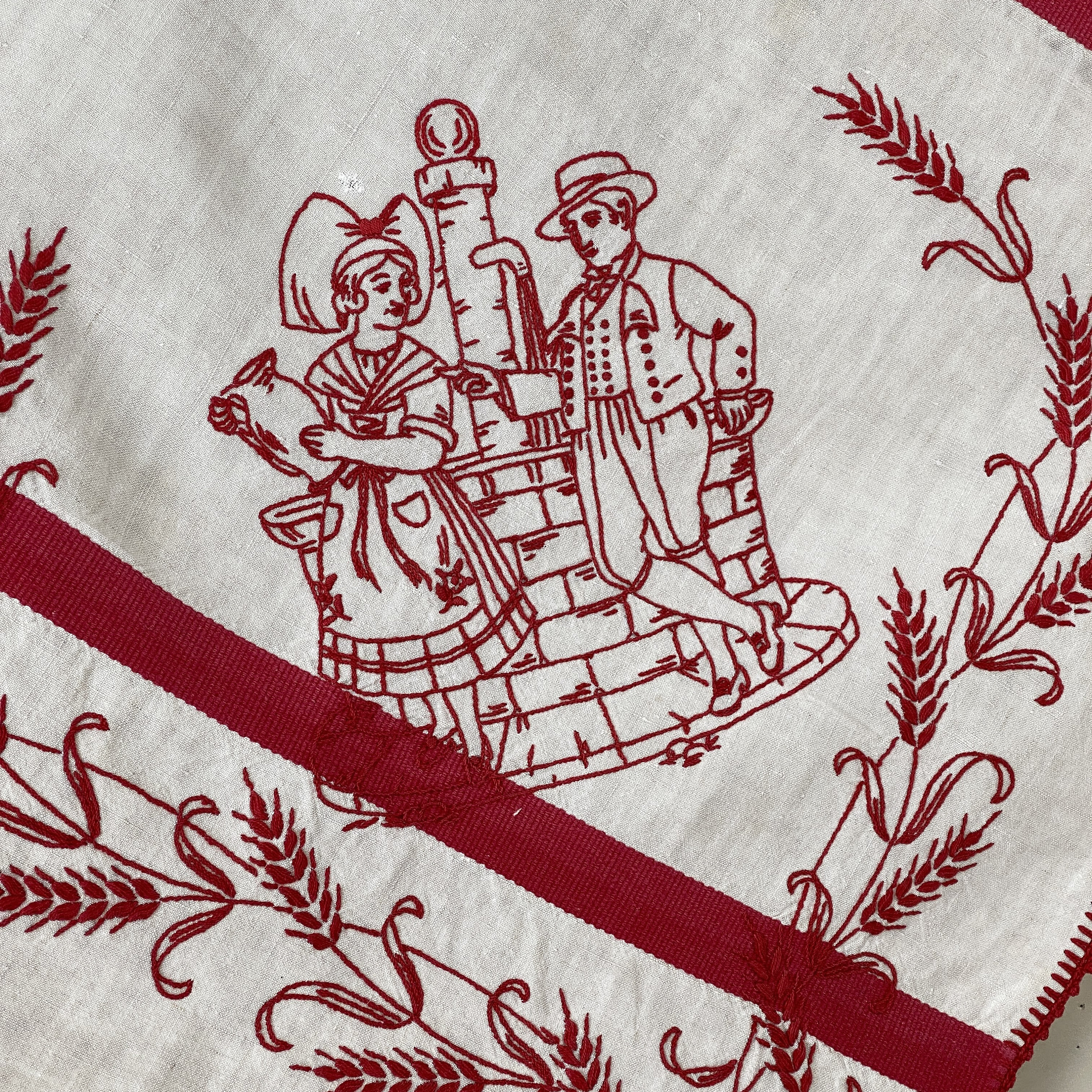 French Vintage 1930's Red Work Embroidery Alsace Alsatian Linen