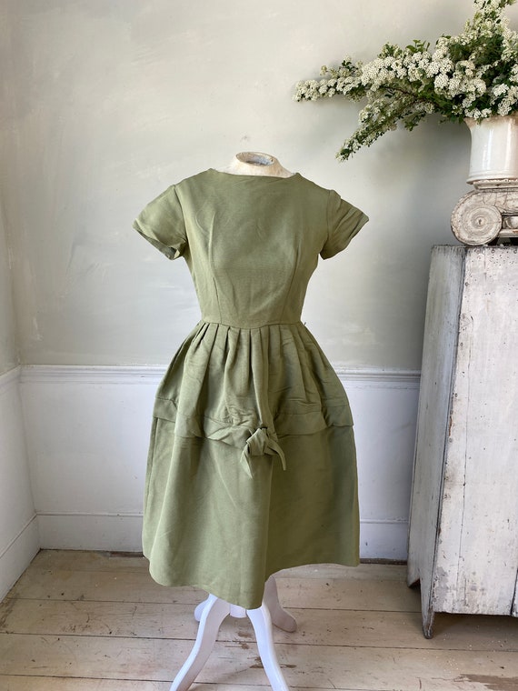 sage green vintage dress 1950s Sage Green Cotton Belted Shirt Dress, sz. S Lost Girls Vintage
