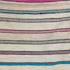 May include: A close-up of a woven fabric with horizontal stripes in shades of pink, blue, gray, and white.
