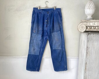 1940's 34 inch waist Blue denim jeans faded purple Pants Vintage French Workwear  Work Wear  Blue jeans Farmhouse vêtements de travail bleus