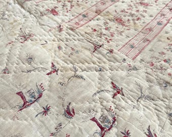 83x52  TWO patterns RARE 18th century c 1770 French quilt boutis hand block printed simoise country farm house shabby decor wall hanging art