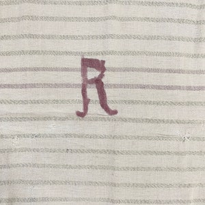 SOFT  R monogram stripes Vintage Grain sack Farmhouse rustic unique handmade antique hand woven linen French country Cottage grainsack VTG