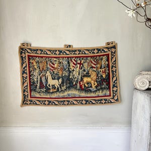 40x26 French tapestry panel unicorn lion medieval heraldry shields navy red gold vintage textile wall art decor linen backed