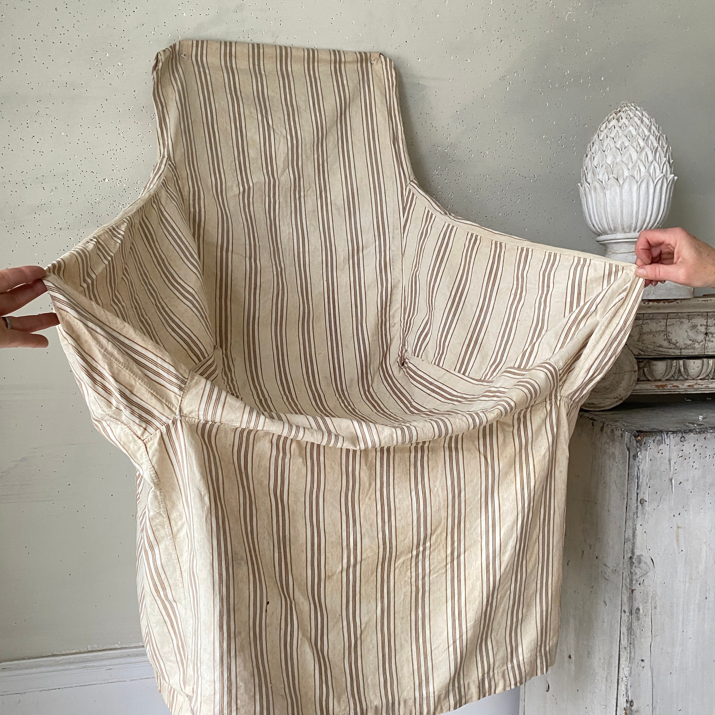 100% hand stitched Antique Parsons chair slipcover slip cover 1870 heavy French ticking damask stripe striped woven Textile Trunk