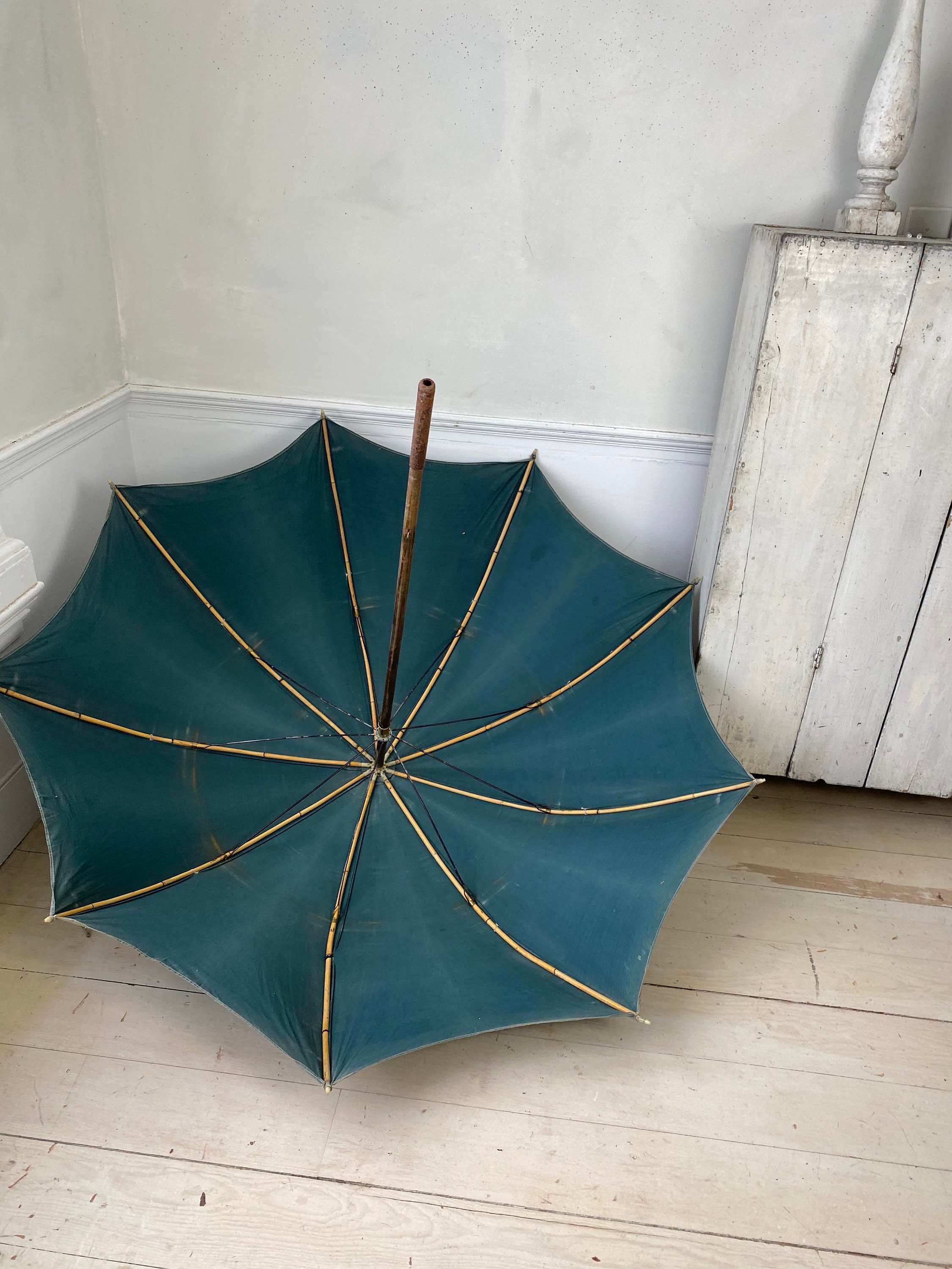 Antique Shepherd's Umbrella French Parasol Indigo Blue Vintage