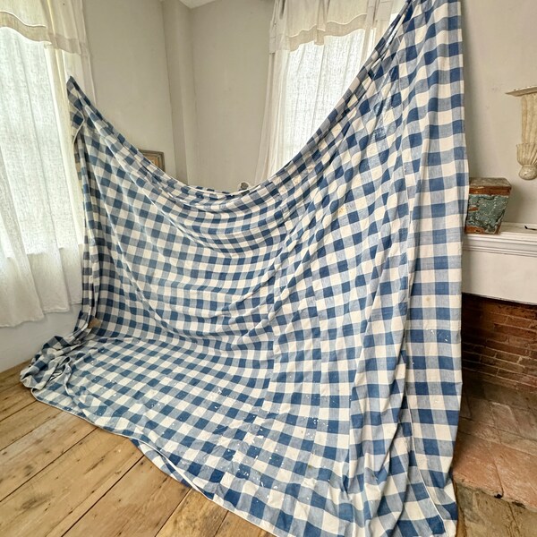 11.3 FEET by 9.2 feet distressed DAMAGED Blue check fabric Vichy textile Antique French buffalo textile Unique window treatment primitive