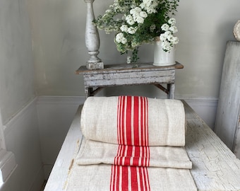 Organic Stair Runner Hemp Grain Sack Fabric Bright red  Stripes  Striped Antique Vintage Cottage  Cottagecore  Textile Trunk