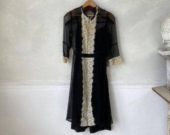 Vestido negro de principios de 1900, sábana de encaje, ropa de mujer, textil vintage, pequeño