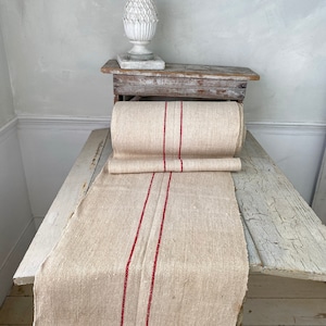 Camino de mesa/escalera orgánico Tejido de saco de cáñamo con rayas rojas Rayas Antiguo Vintage Cottage Cottagecore Ecológico