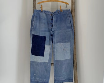 Vintage Pants Patched French Workwear 40 Inch Waist Blue