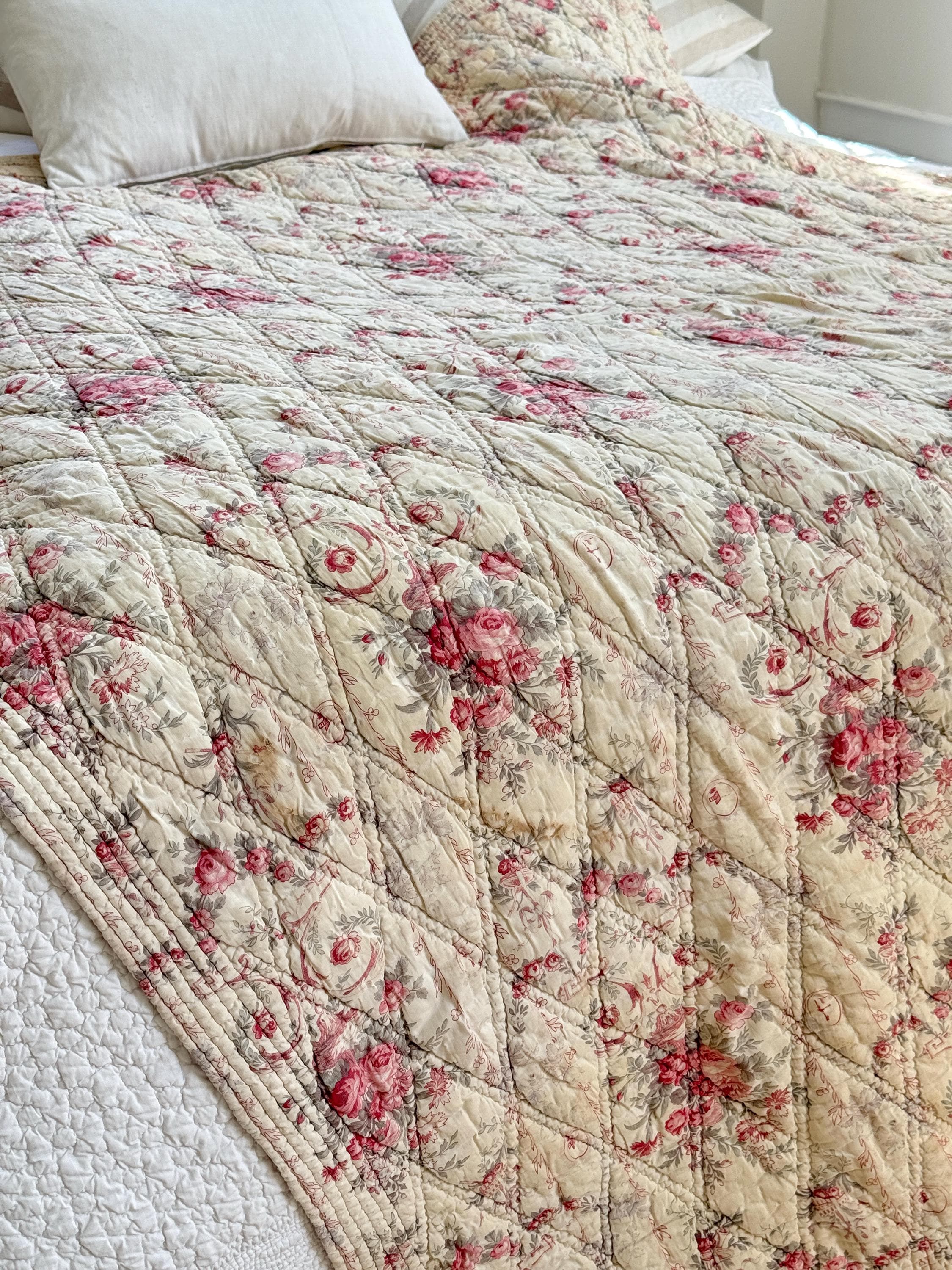 82x72 WOW ヴィンテージ フレンチキルト 全布 全布 アンティーク