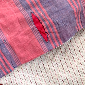 73 X 41 18th Century c 1770    3 patterns century French small scale floral quilt fragment with striped furnishing fabric backing