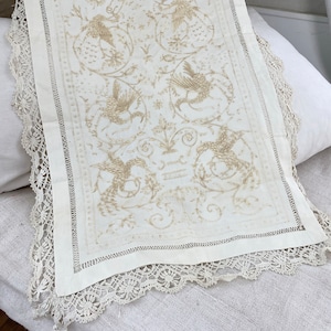65x22  MASTERPIECE  hand embroidered embroidery Table Runner linen Lace unique handmade French textile mantel cloth eco-friendly