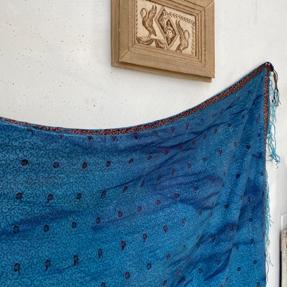 Antique French silk shawl Blue AMAZING printed fa… - image 9