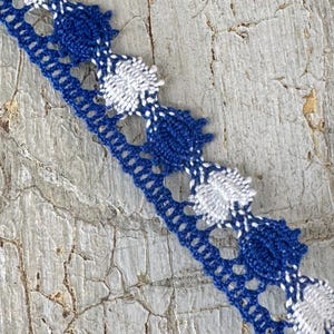 PER 2 yards (14 avail) Bright blue white handmade lace Antique French handmade lace vintage gimp passementerie trim haberdashery old unique