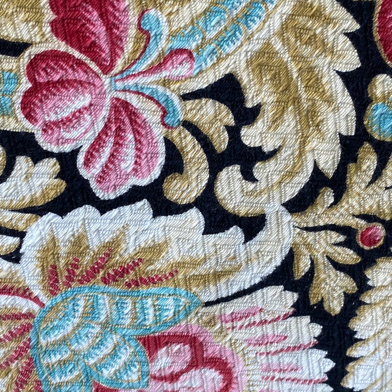 1900 Antique French black fabric floral faded heavy weight upholstery material
