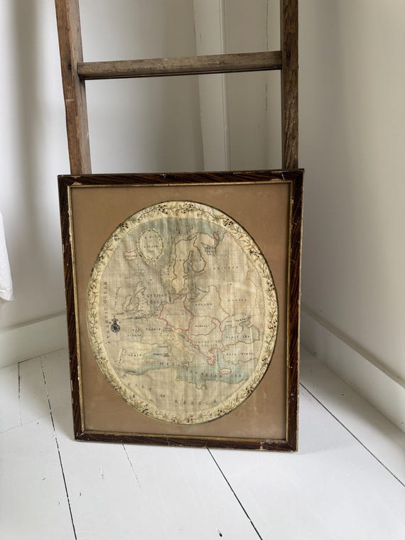 額入り 1798年 刺繍地図 ヨーロッパ サンプラー アンティーク 