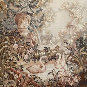 Antique French Aubusson tapestry hand woven from France LOVELY scene swans water feature eco-friendly