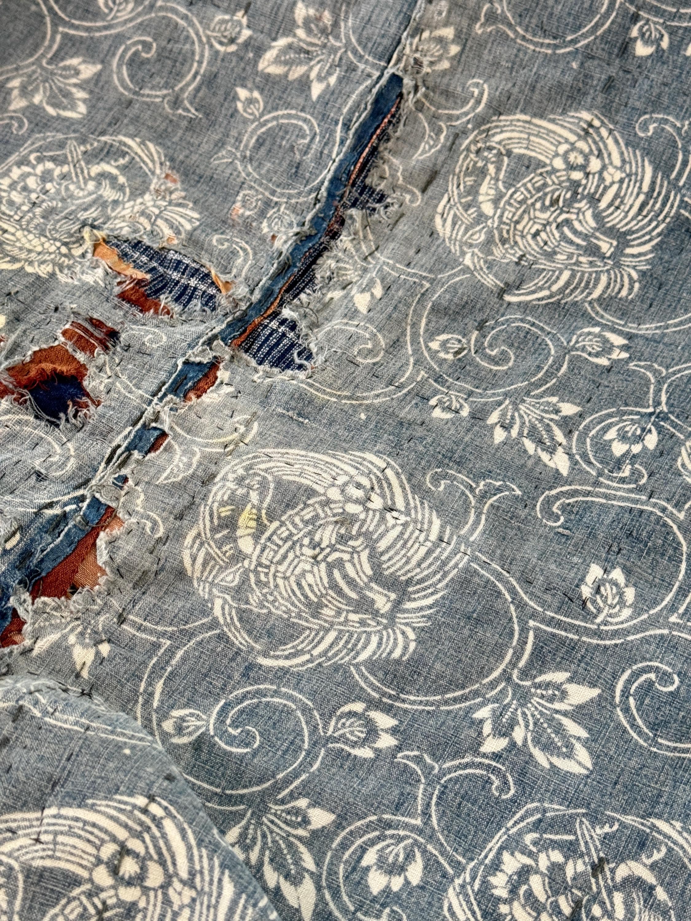 64x64 Boro Antique Japanese Blanket Blue Indigo Resist Front Brown