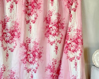 138x60 Antique French 1850s Pink Floral Curtain Panel shabby cottage home decor Cotton Drapery Romantic Roses Unique Wall Art Handmade old