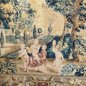 82x80 Flemish Antique tapestry Antwerp Wall hanging art decor French country European shabby interiors cottage Verdure eco-friendly