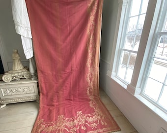 Antique Curtain French Silk Damask dark rose pink & gold 19th century textile with metal curtain ringsUnique window treatment