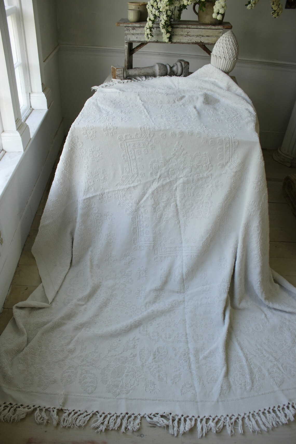 Vintage White Woven Blanket French Bed Cover Textile Handmade Etsy