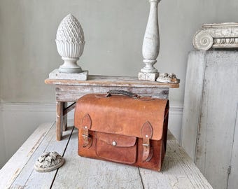 1930's Vintage Leather Satchel Briefcase Brown Patina Leather