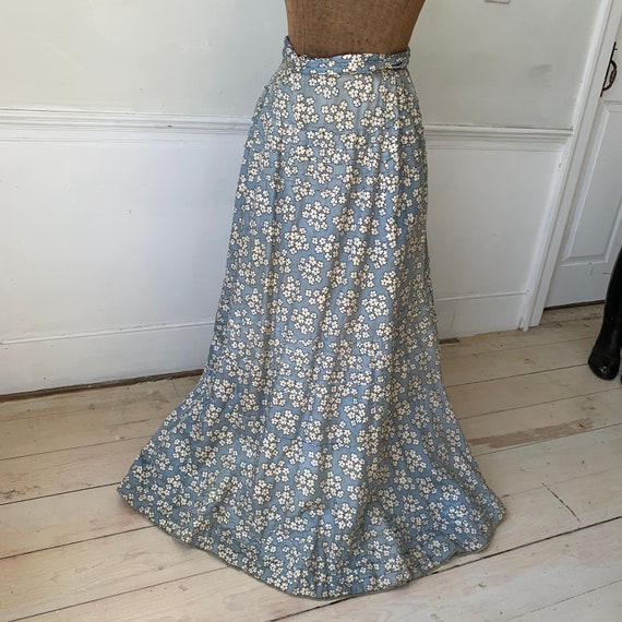 Antique Silk Skirt French blue floral Victorian l… - image 6