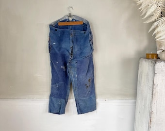 35 w Amazing Blue moleskin pants funky hipster button waist workwear French  jeans trousers soft Textile Trunk Timeworn Coastal home