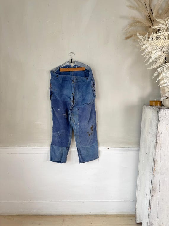 35 w Amazing Blue moleskin pants funky hipster button waist workwear French  jeans trousers soft Textile Trunk Timeworn Coastal home