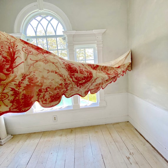 1点物⭕️お安く!◎Custom Vintage Fabric◎AR 9.75 1900 Antique French Cupid Angels Red White Toile Fabric Material