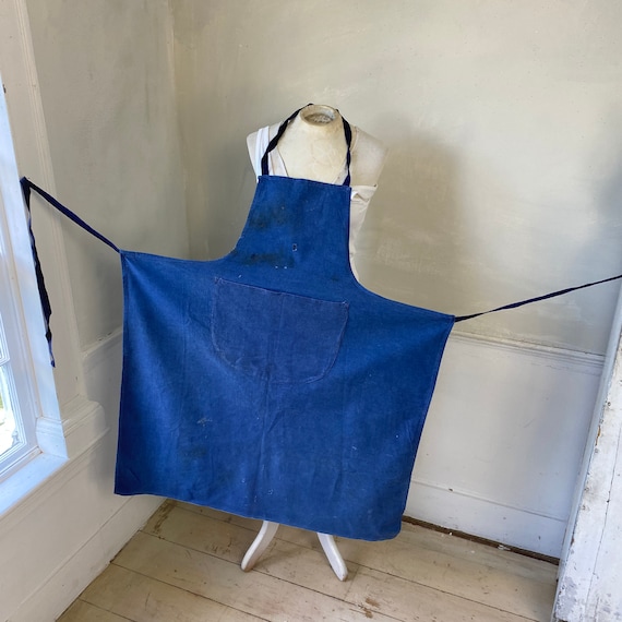 Vintage 1930s Apron French Faded Blue Cotton Denim Workwear