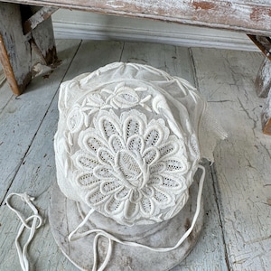 French antique bonnet Tulle white lace needlework embroidered embroidery Coiffe tambour 19th century wall art woman&#39;s bun fashion history