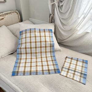 2 unused vintage French plaid linen cotton hand towel modern farmhouse country cottage shabby decor fabric material kitchen art