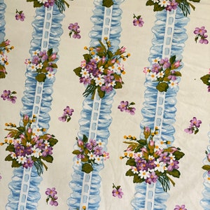 Vintage French Boussac Romanex  curtain heavy weight cotton floral blue cottage cottagecore The Textile TrunkUnique window treatment