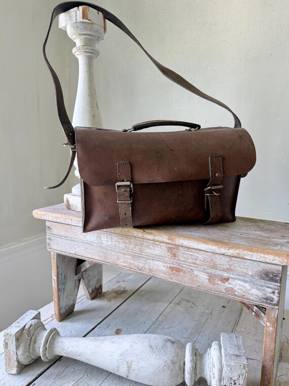 c1940 Vintage French Leather Satchel Messenger Bag Boho Shoulder Bag School Bag Postman Bag Brown Leather Wall Art View 5