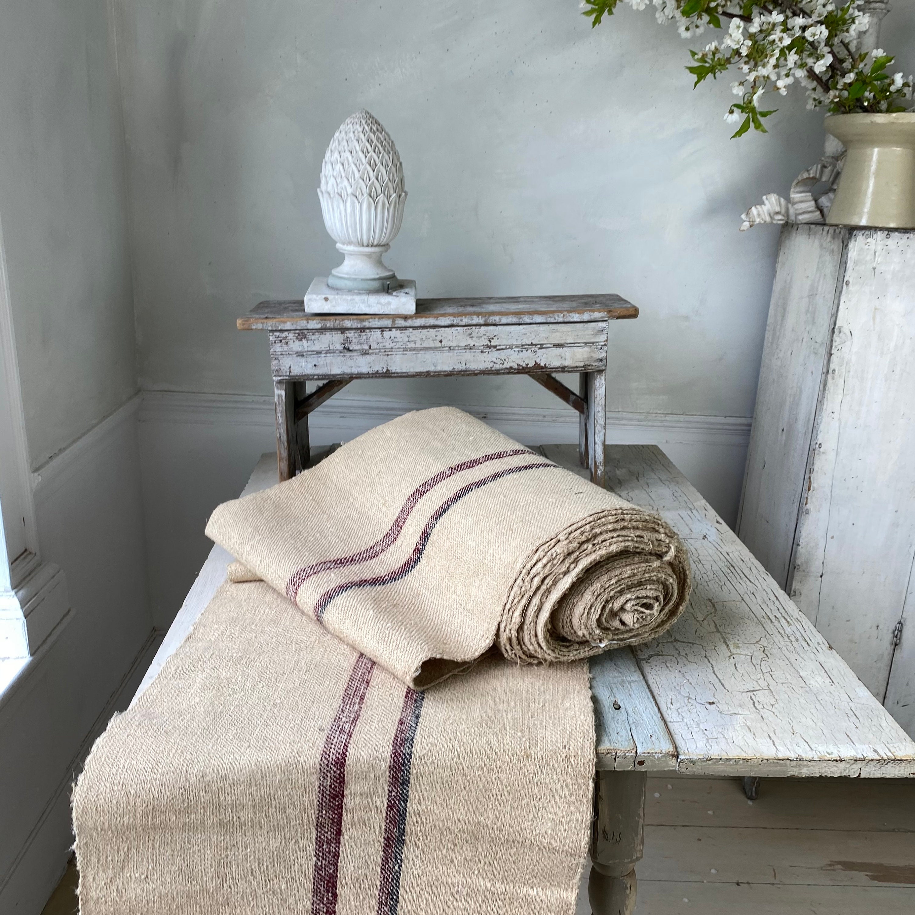 Black Burgundy  Stair runner heavy hemp Grain sack Fabric by the yard BLACK  Stripes twill weave Antique homespun linen eco-friendly