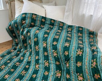 HEAVY!  11 POUNDS 75x77 vintage French quilt boutis green floral and stripe European textile from France