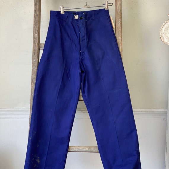 28 Inch Waist Unused French Vintage Wide Leg Pants Navy Blue Cotton Twill  Pants Button Fly 28 Inch Inseam Deadstock Trousers Textile Trunk 