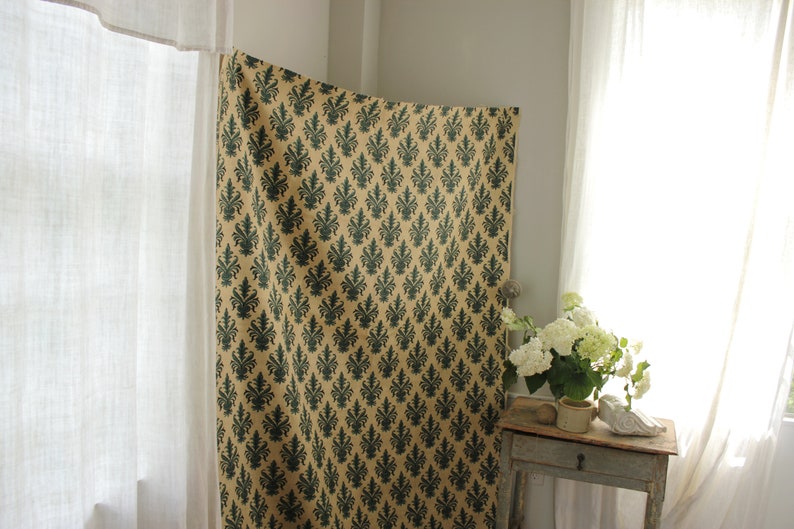 Vintage Jute or Hessian printed French burlap Floral fabric 1960/'s-70/'s chatillon fleur de lis