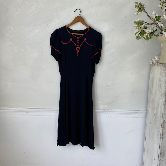 Charming Navy Rayon Women's Dress 1940s Red Accen… - image 9