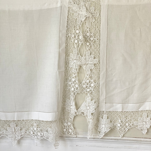 2 White set Antique French lace cafe curtains handmade cottage romantic farmhouse style The Textile TrunkUnique window treatment