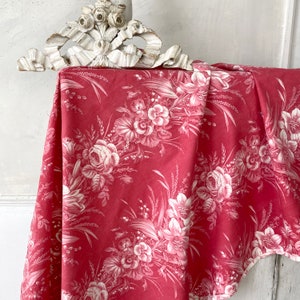 Antique curtain red floral lilies pansies roses lily pansy rose print design French cotton fabric flowers romantic 1870 Textile Trunk
