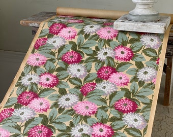 c 1930's 1930 4.5  yards  Floral Flowers Antique French wallpaper floral pink hand block printed