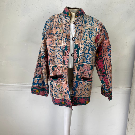 Embroidered jacket Antique colorful patchwork flo… - image 7