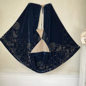 Antique French painted unlined silk velvet cape 19th century midnight blue  gold painted floral Art Deco cloak Unique handmade birthday