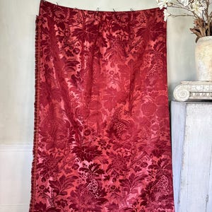 119x50 inch antique French silk curtain adobe deep garnet coral red damask velvet floral figural jacquard heavy textile 1800s lined fringe